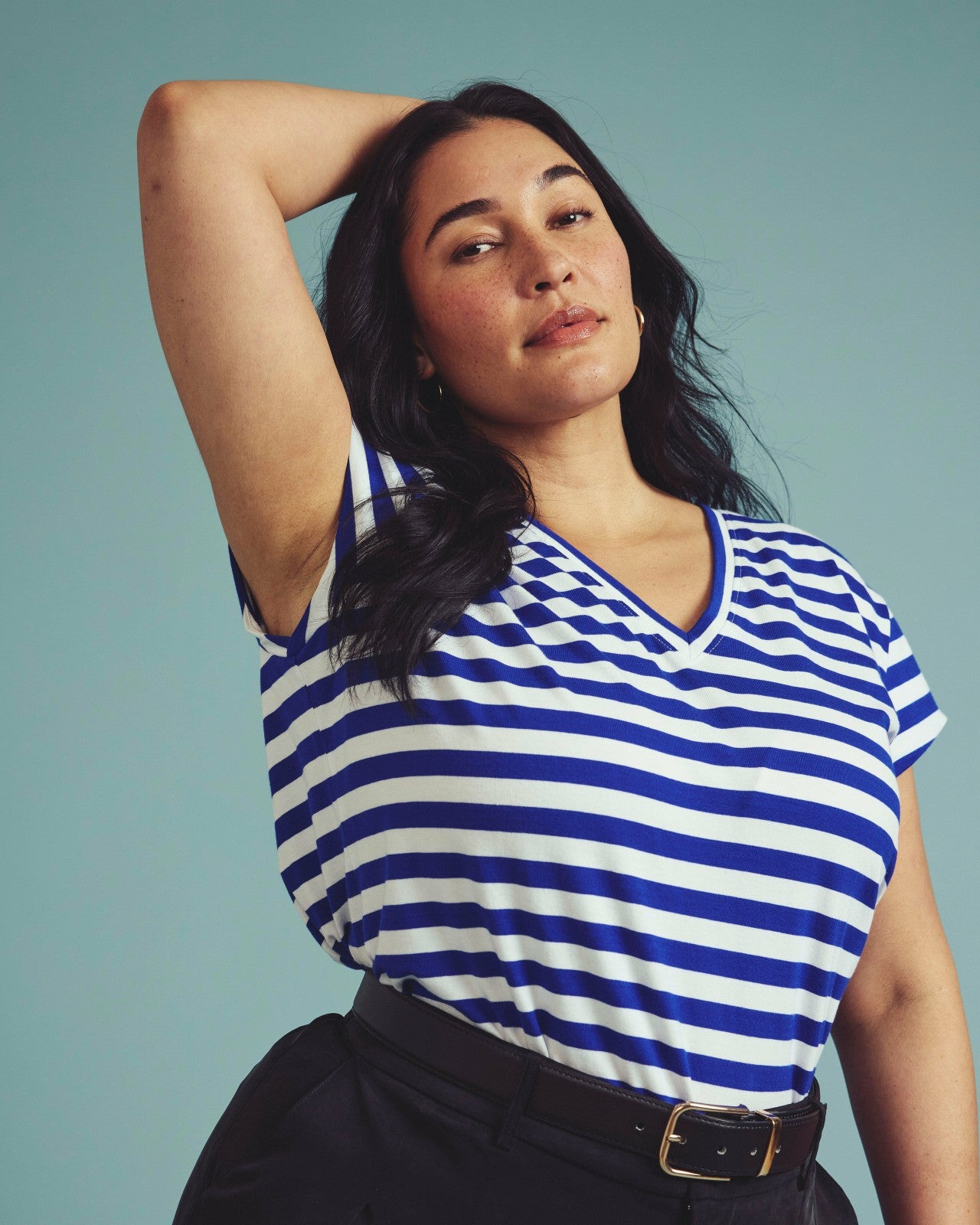 Universal Standard Ashley V Neck Cap Sleeve Tee - Hammersmith Blue/White Stripe