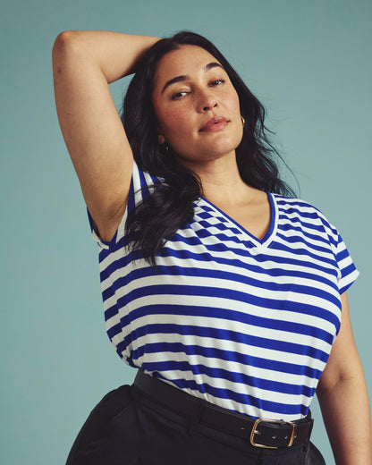 Universal Standard Ashley V Neck Cap Sleeve Tee - Hammersmith Blue/White Stripe