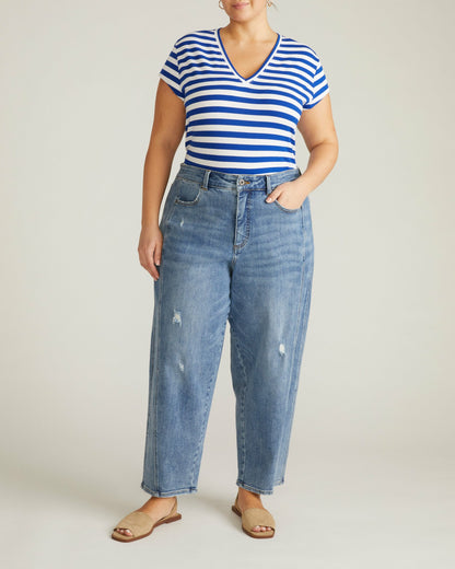 Universal Standard Ashley V Neck Cap Sleeve Tee - Hammersmith Blue/White Stripe