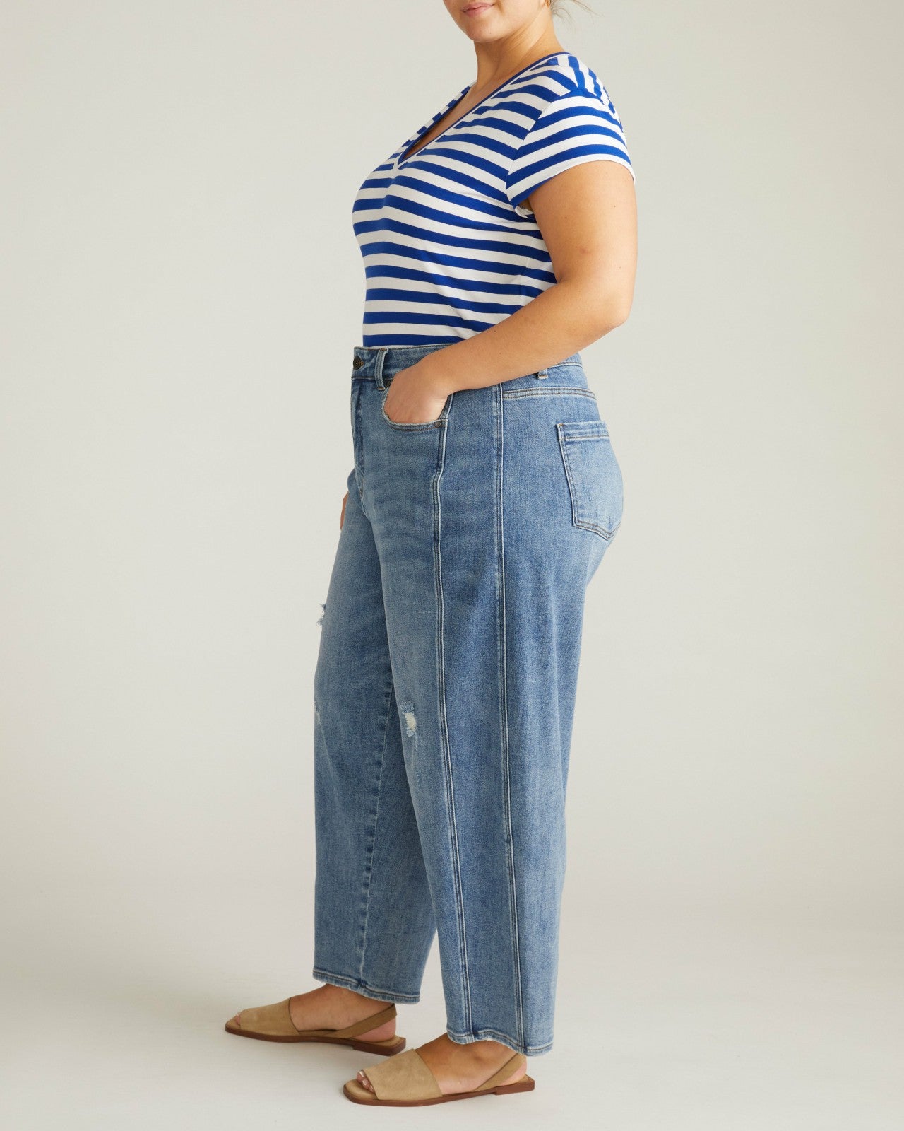 Universal Standard Ashley V Neck Cap Sleeve Tee - Hammersmith Blue/White Stripe