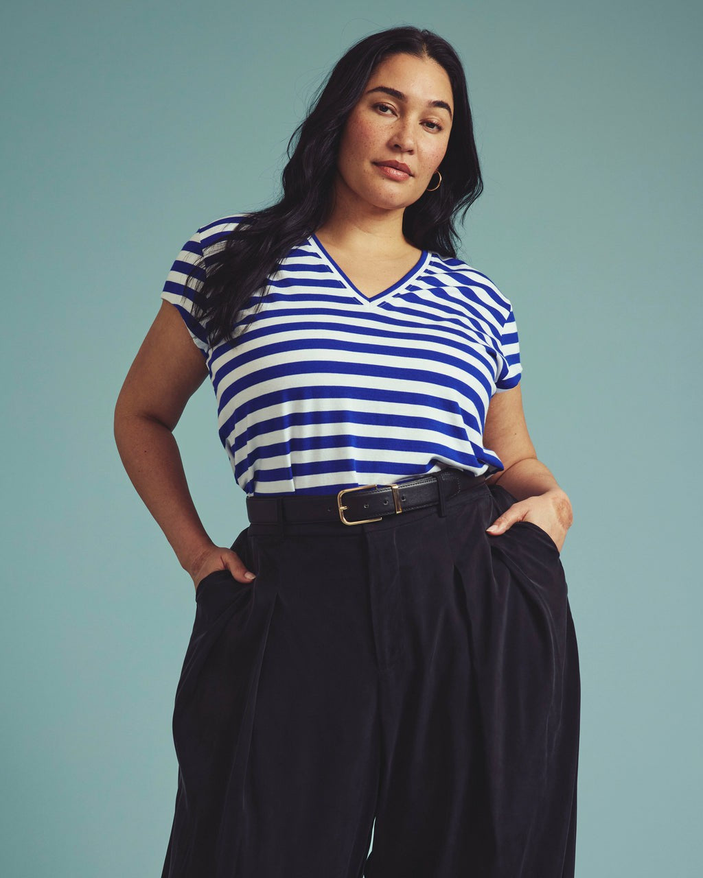 Universal Standard Ashley V Neck Cap Sleeve Tee - Hammersmith Blue/White Stripe