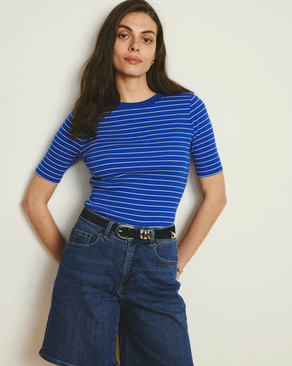 Universal Standard Classic Ribbed Tee - Bright Blue/White Microstripe