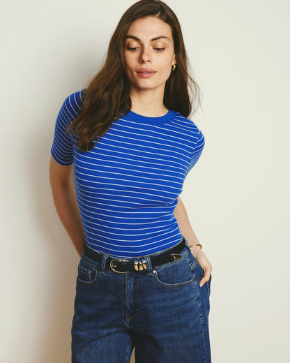 Universal Standard Classic Ribbed Tee - Bright Blue/White Microstripe