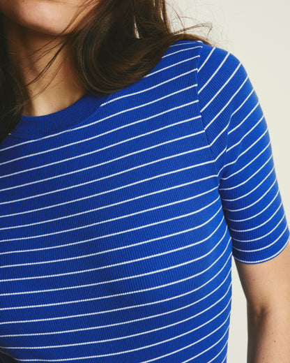 Universal Standard Classic Ribbed Tee - Bright Blue/White Microstripe