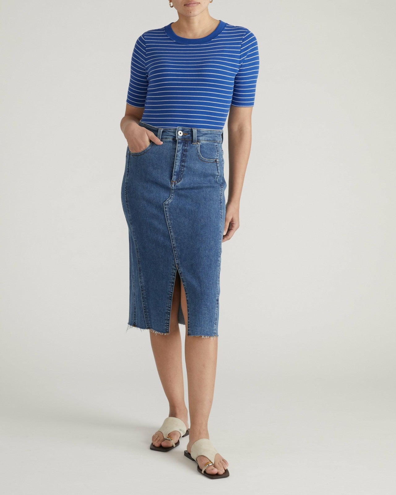 Universal Standard Classic Ribbed Tee - Bright Blue/White Microstripe