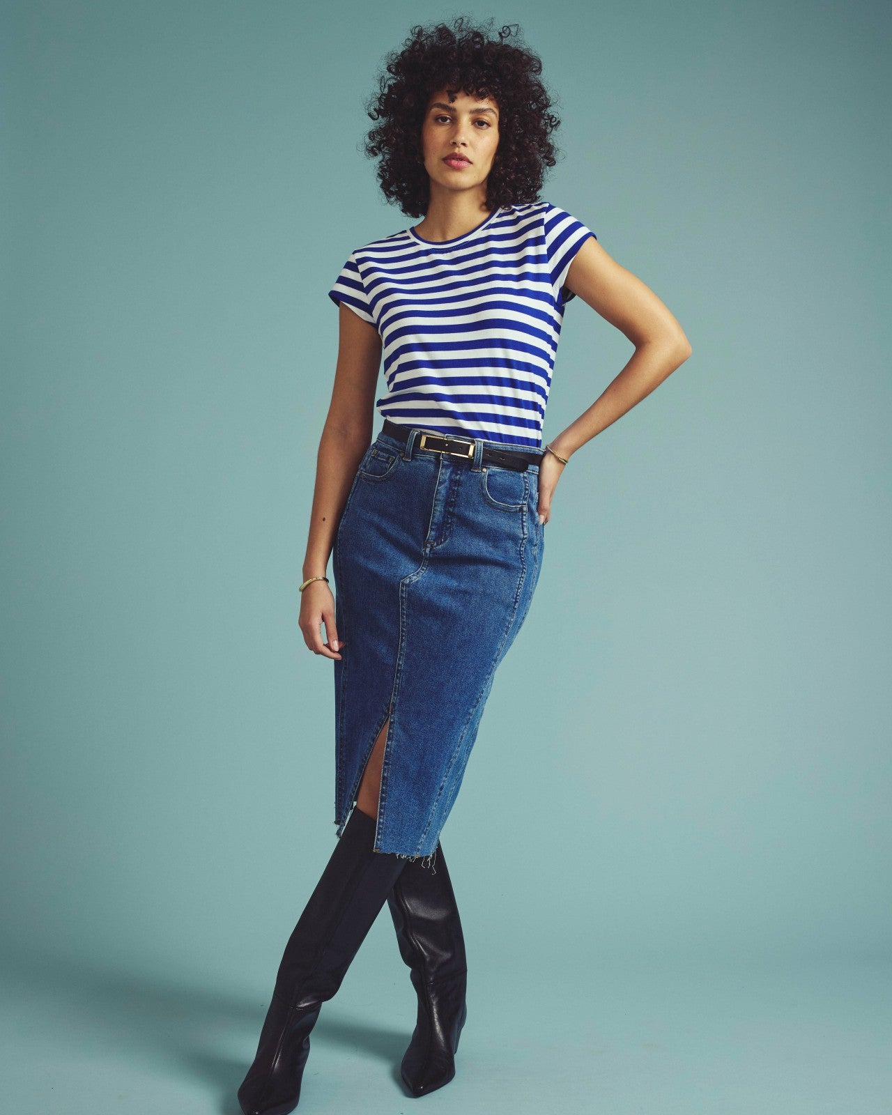Universal Standard Ashley Cap Sleeve Tee - Hammersmith Blue/White Stripe
