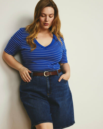 Universal Standard Classic V-Neck Ribbed Tee - Bright Blue/White Microstripe