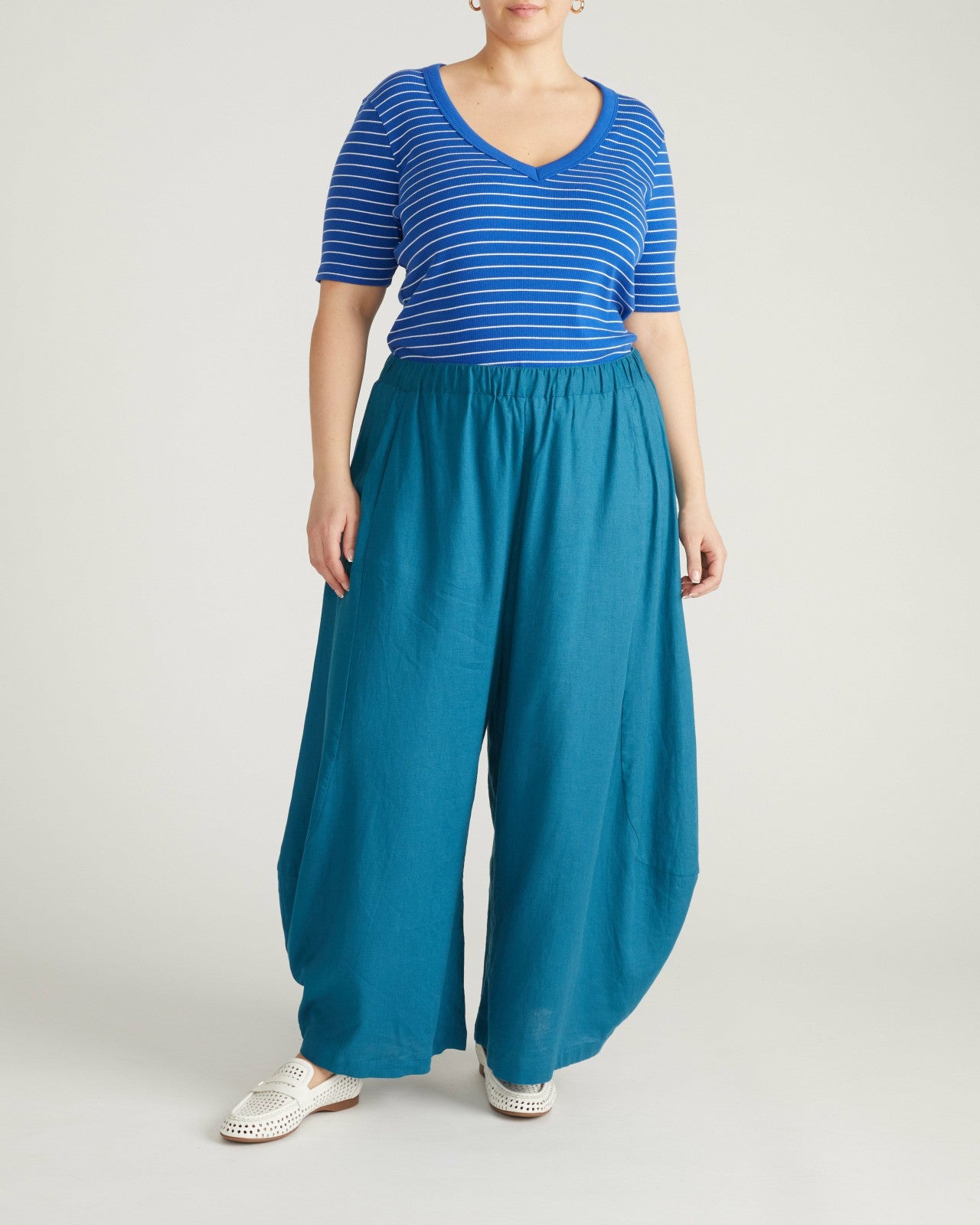 Universal Standard Classic V-Neck Ribbed Tee - Bright Blue/White Microstripe