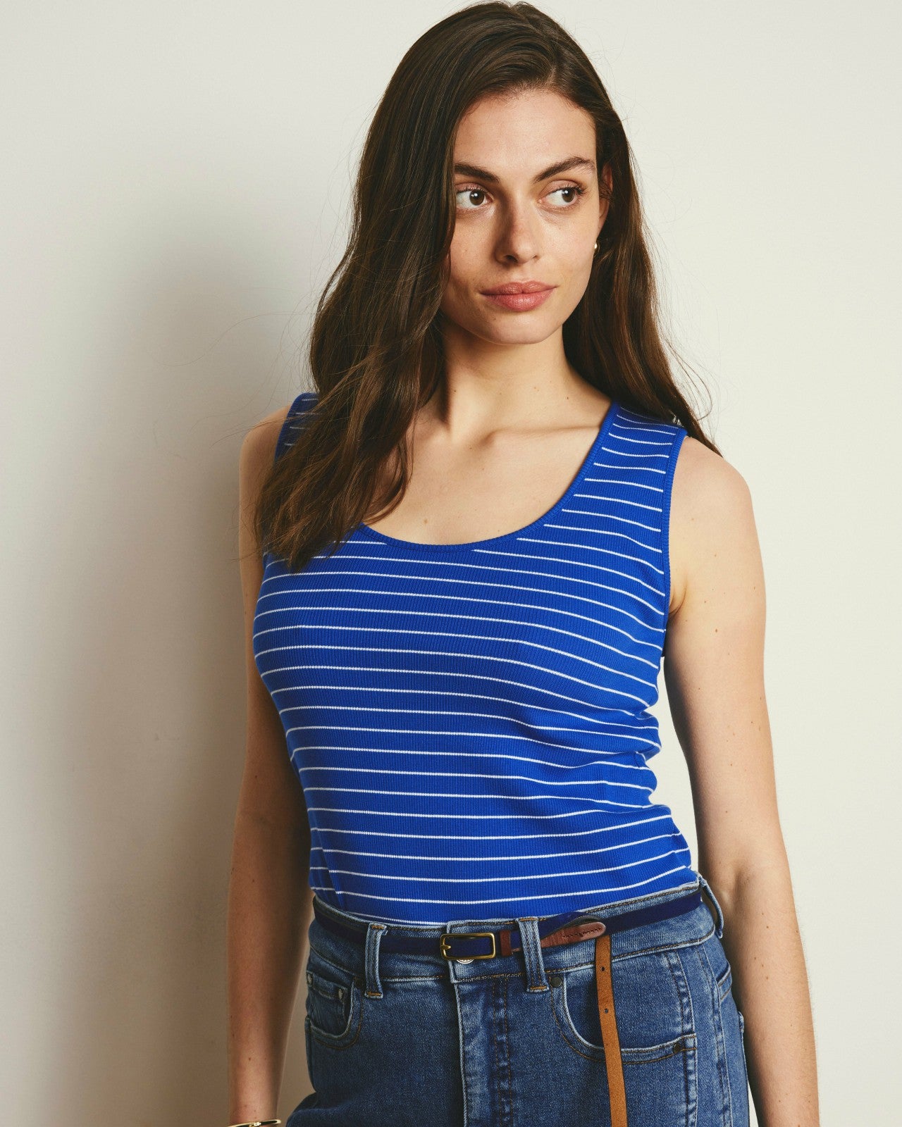 Universal Standard Daisy Ribbed Tank - Bright Blue/White Microstripe