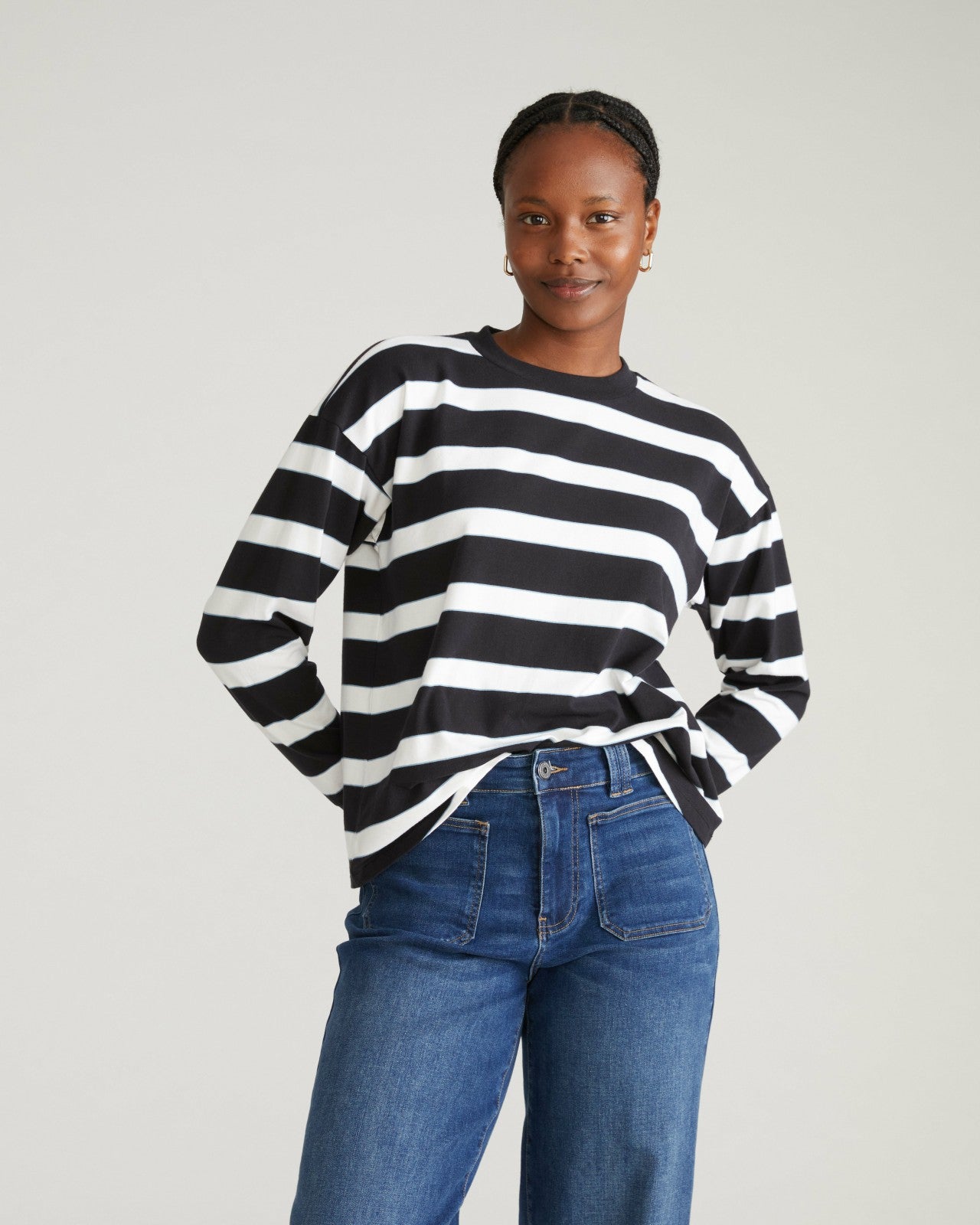 Universal Standard Long Sleeve Relaxed Tee - Black/White Stripe with Aqua Edge