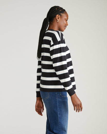 Universal Standard Long Sleeve Relaxed Tee - Black/White Stripe with Aqua Edge