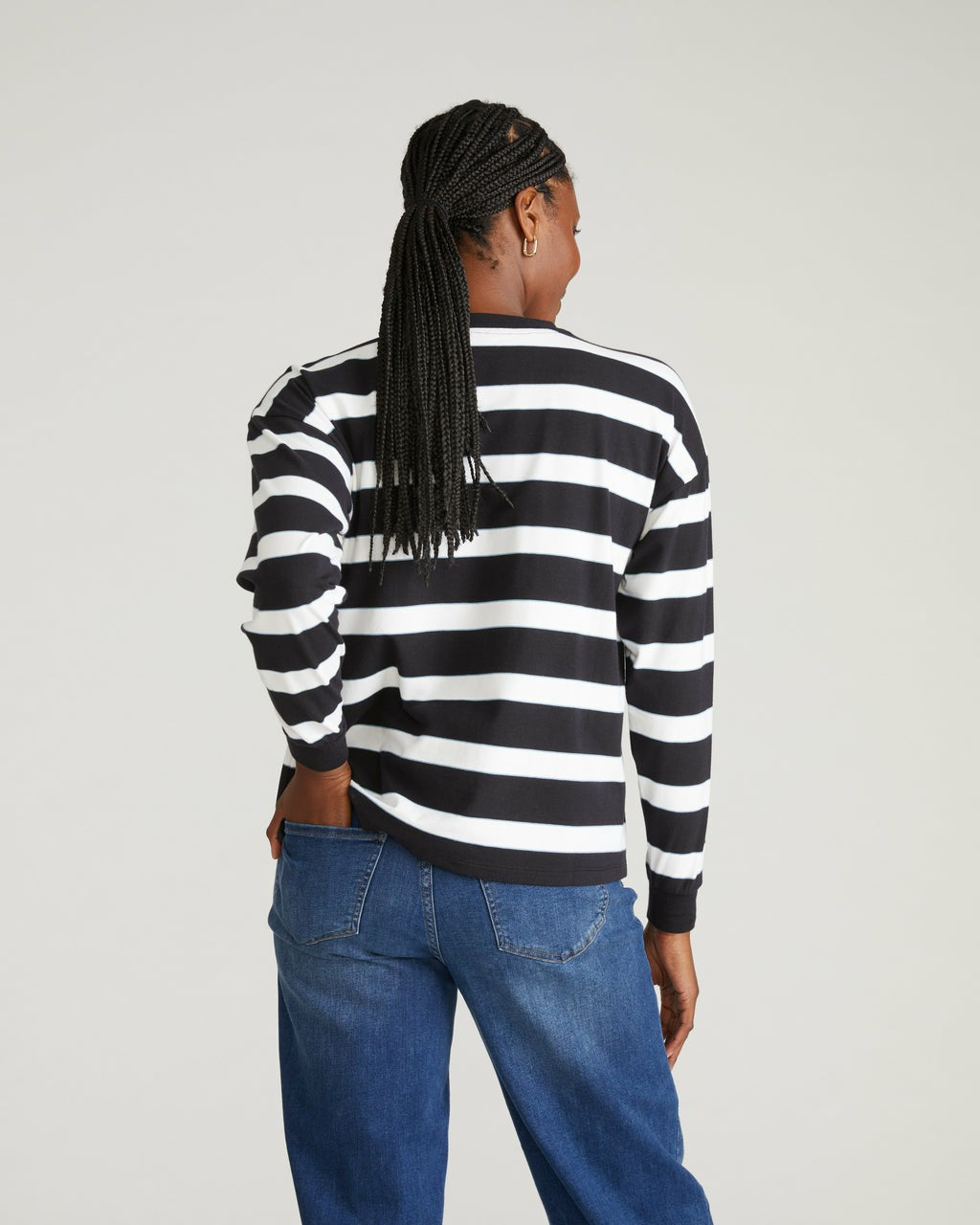 Universal Standard Long Sleeve Relaxed Tee - Black/White Stripe with Aqua Edge