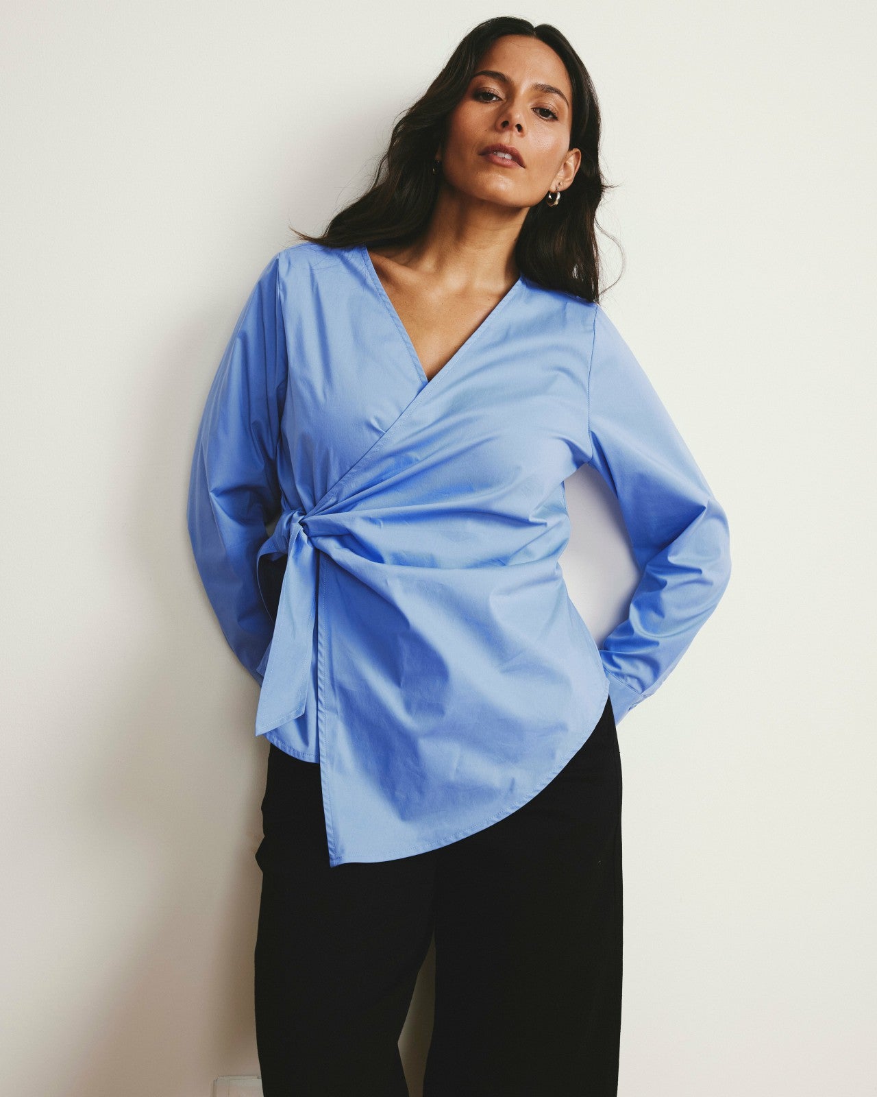 Universal Standard Beacon Stretch Poplin Wrap Shirt - Soft Blue