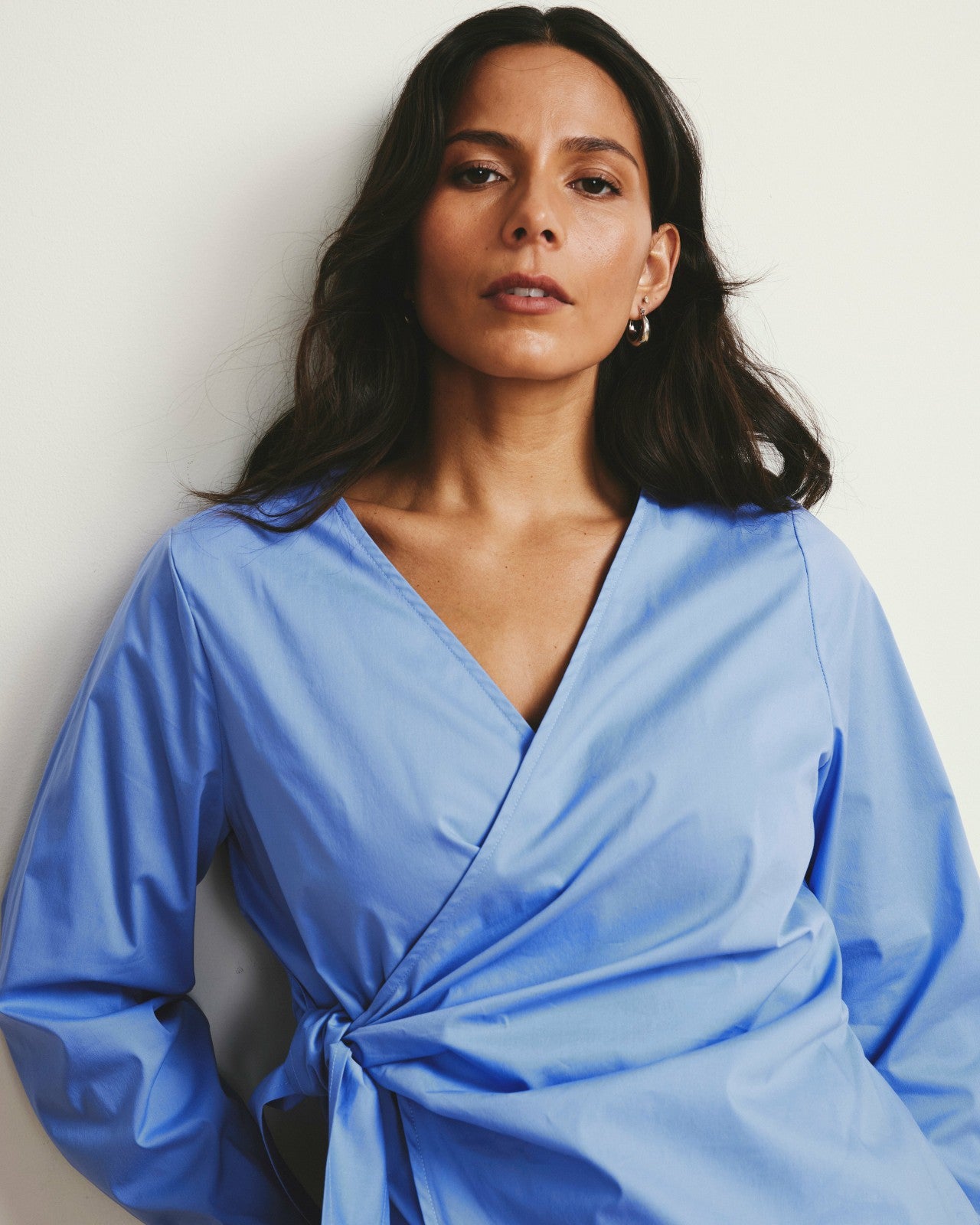 Universal Standard Beacon Stretch Poplin Wrap Shirt - Soft Blue