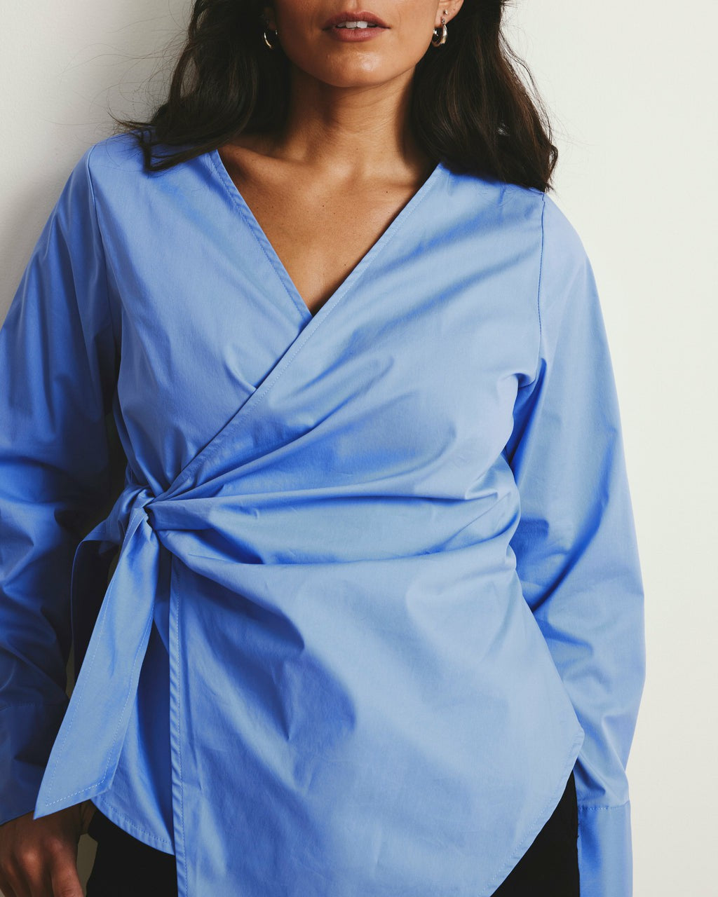 Universal Standard Beacon Stretch Poplin Wrap Shirt - Soft Blue