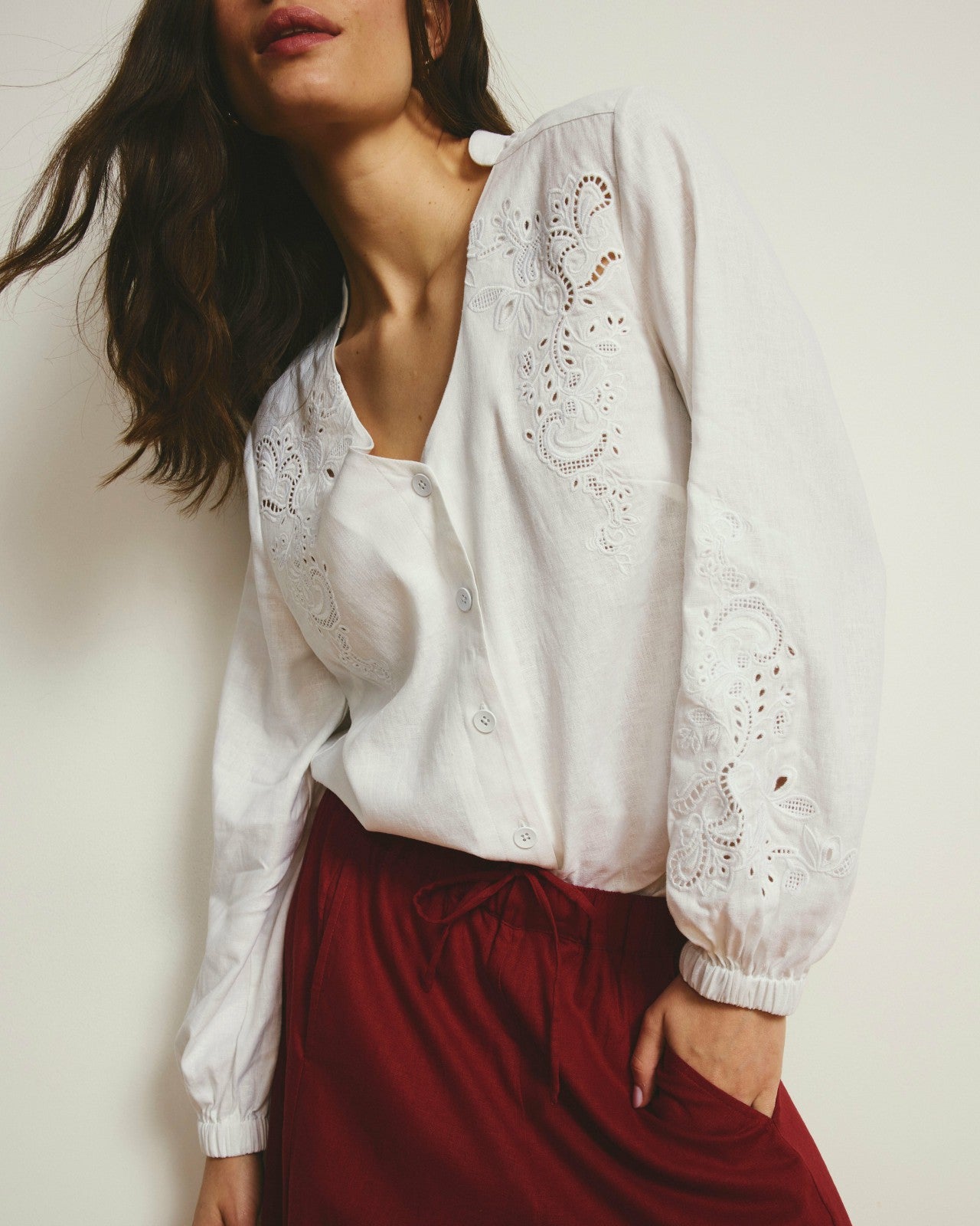 Universal Standard Frances Embroidered Linen Blend Blouse - White