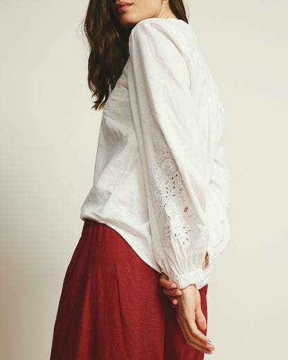 Universal Standard Frances Embroidered Linen Blend Blouse - White
