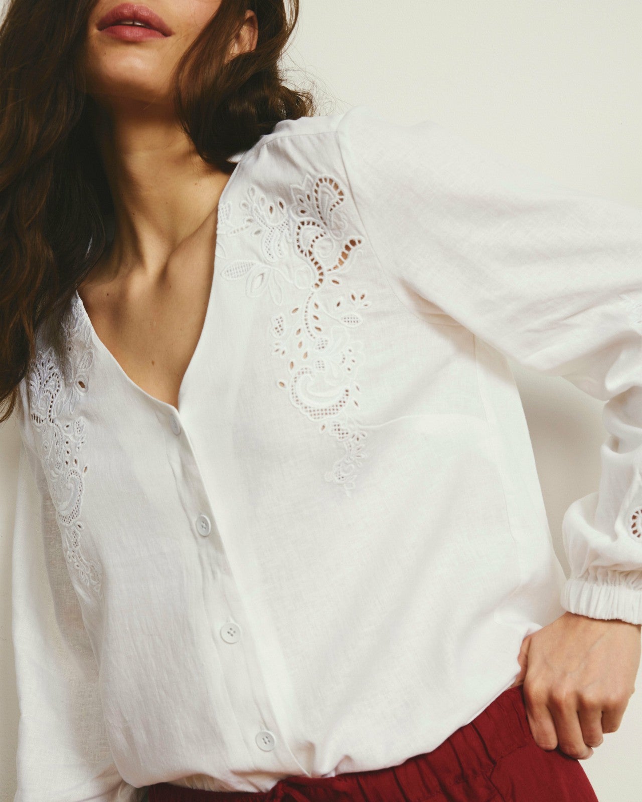 Universal Standard Frances Embroidered Linen Blend Blouse - White