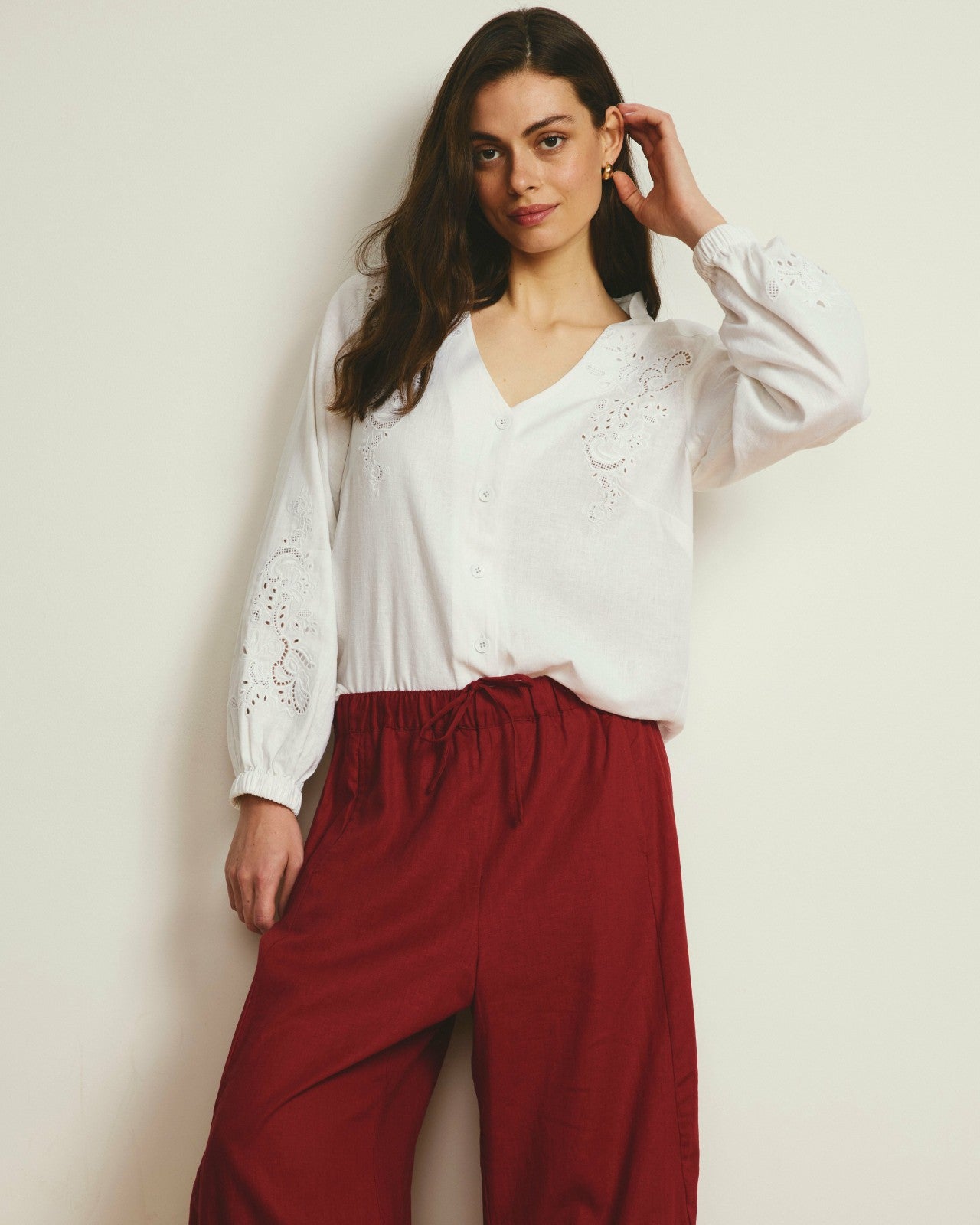 Universal Standard Frances Embroidered Linen Blend Blouse - White