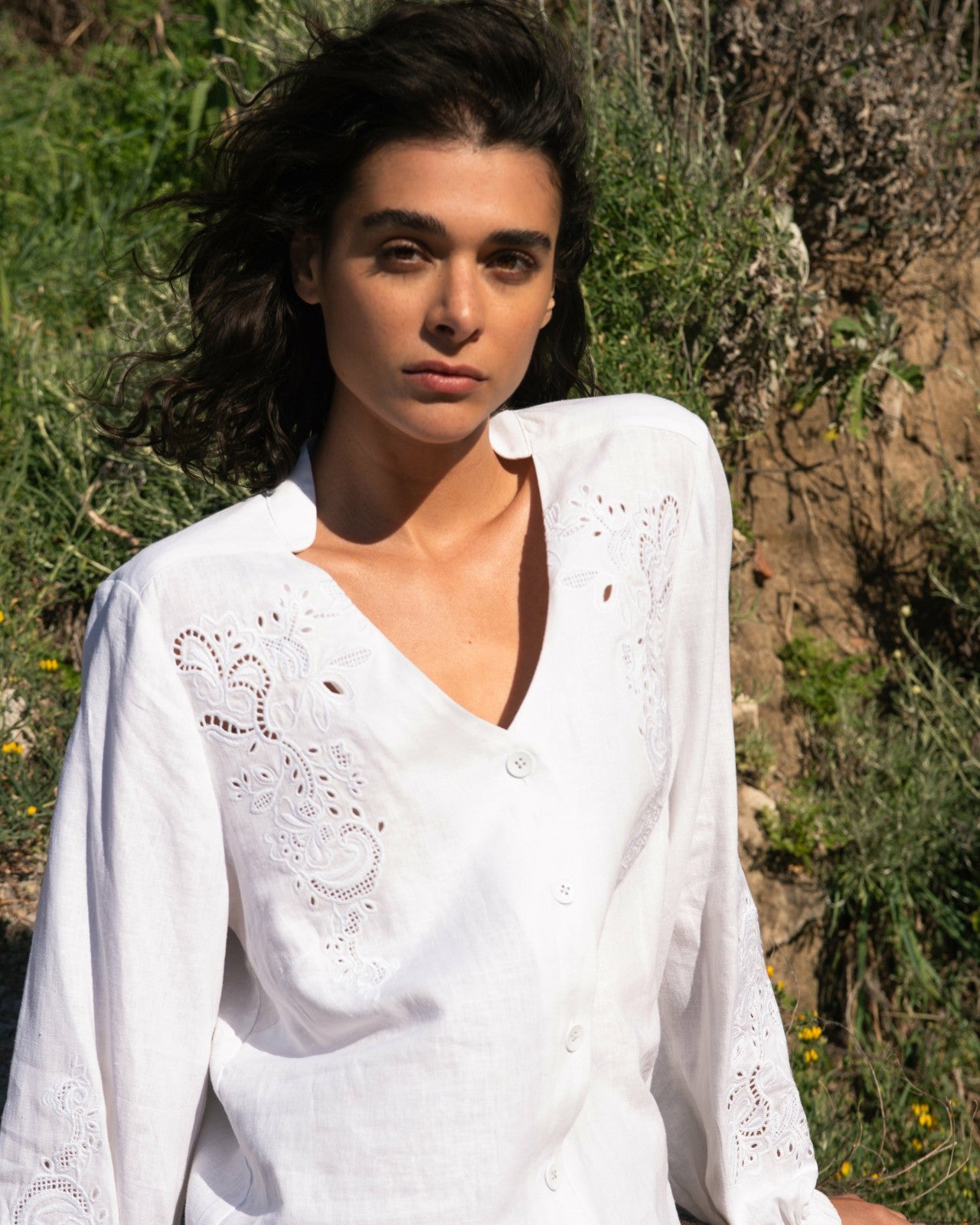 Universal Standard Frances Embroidered Linen Blend Blouse - White