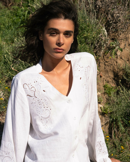 Universal Standard Frances Embroidered Linen Blend Blouse - White