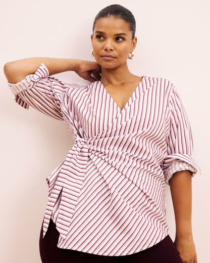 Universal Standard Beacon Stretch Poplin Wrap Shirt - Lilac Multi Stripe