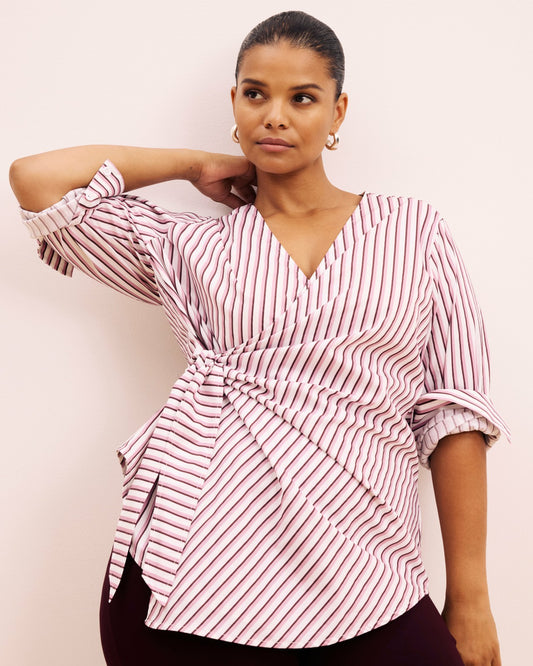 Universal Standard Beacon Stretch Poplin Wrap Shirt - Lilac Multi Stripe