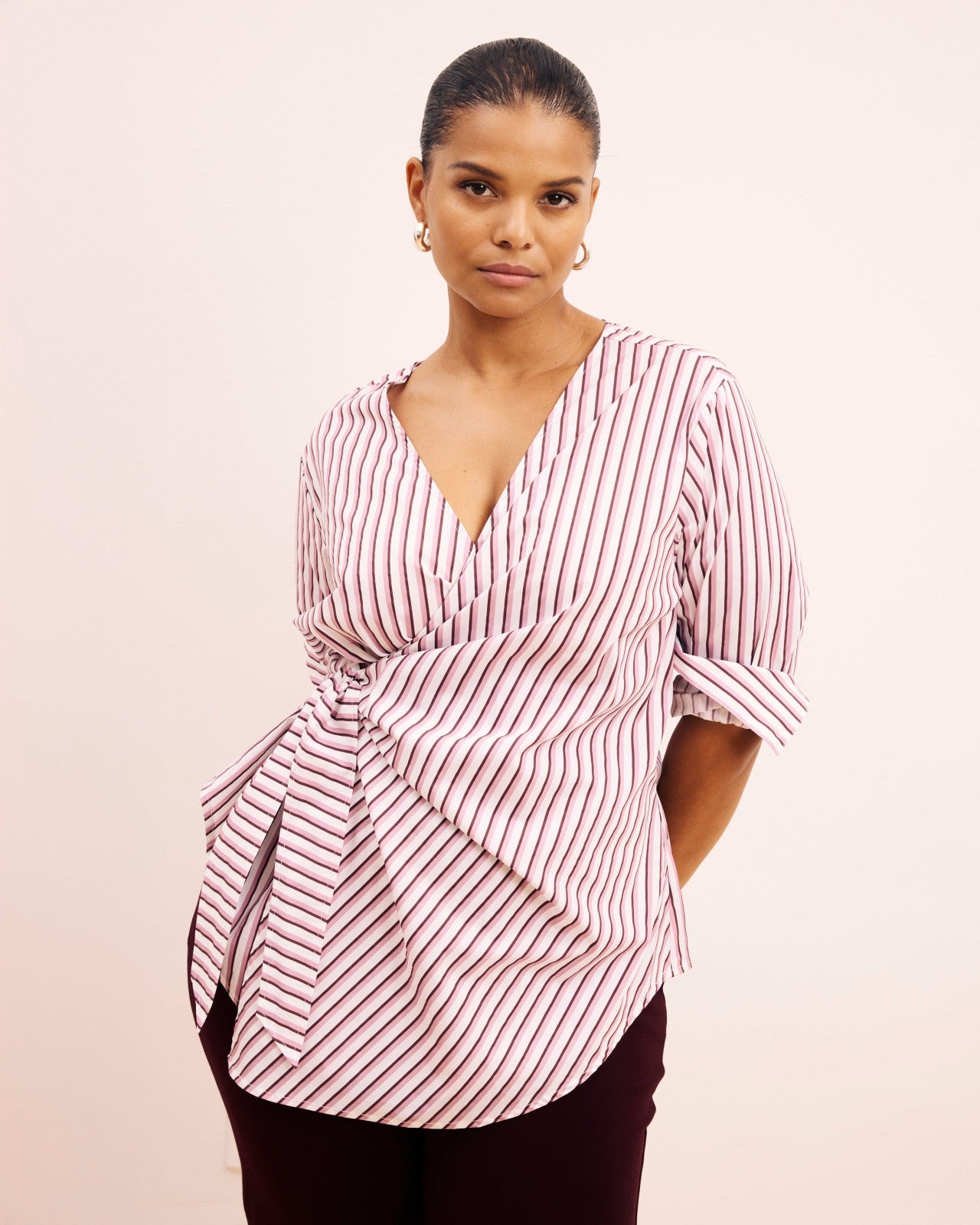 Universal Standard Beacon Stretch Poplin Wrap Shirt - Lilac Multi Stripe