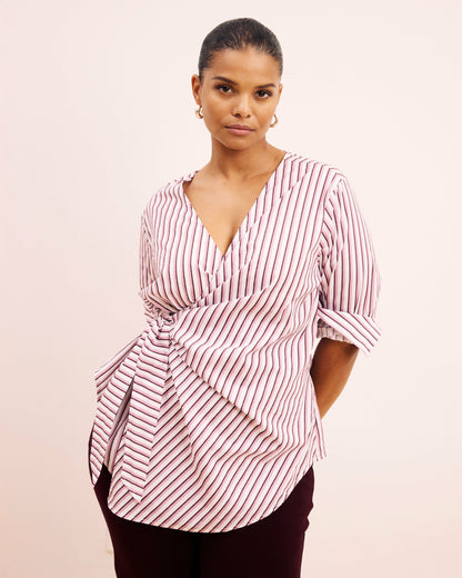 Universal Standard Beacon Stretch Poplin Wrap Shirt - Lilac Multi Stripe