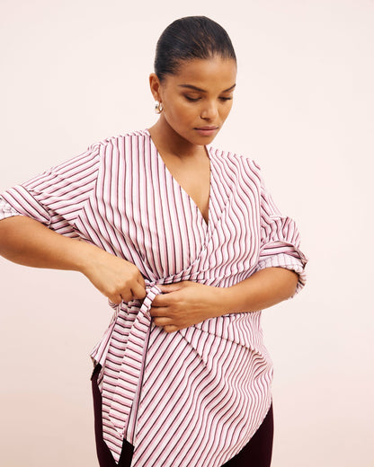 Universal Standard Beacon Stretch Poplin Wrap Shirt - Lilac Multi Stripe
