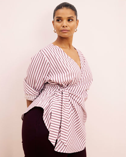 Universal Standard Beacon Stretch Poplin Wrap Shirt - Lilac Multi Stripe