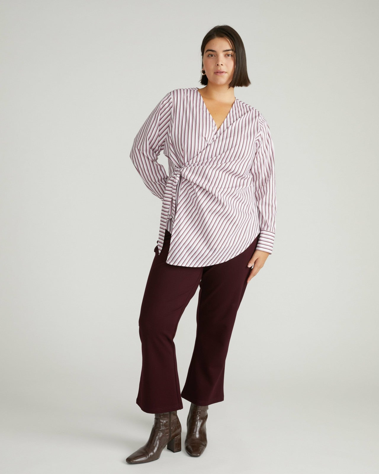 Universal Standard Beacon Stretch Poplin Wrap Shirt - Lilac Multi Stripe