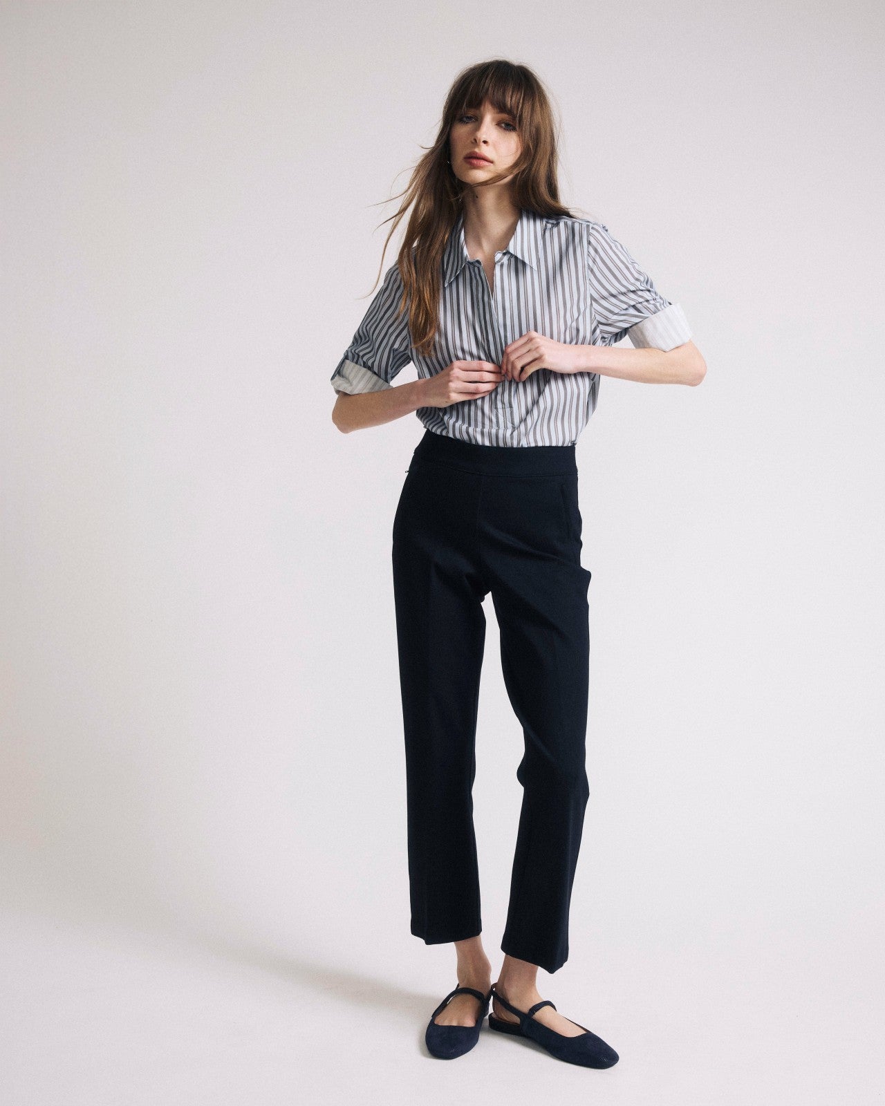 Universal Standard Button Back Poplin Polo Shirt - Smokey Blue Stripe