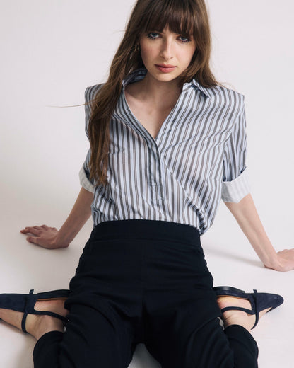 Universal Standard Button Back Poplin Polo Shirt - Smokey Blue Stripe