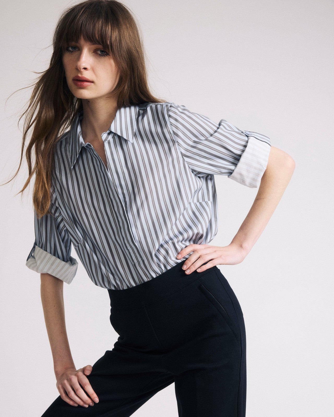 Universal Standard Button Back Poplin Polo Shirt - Smokey Blue Stripe