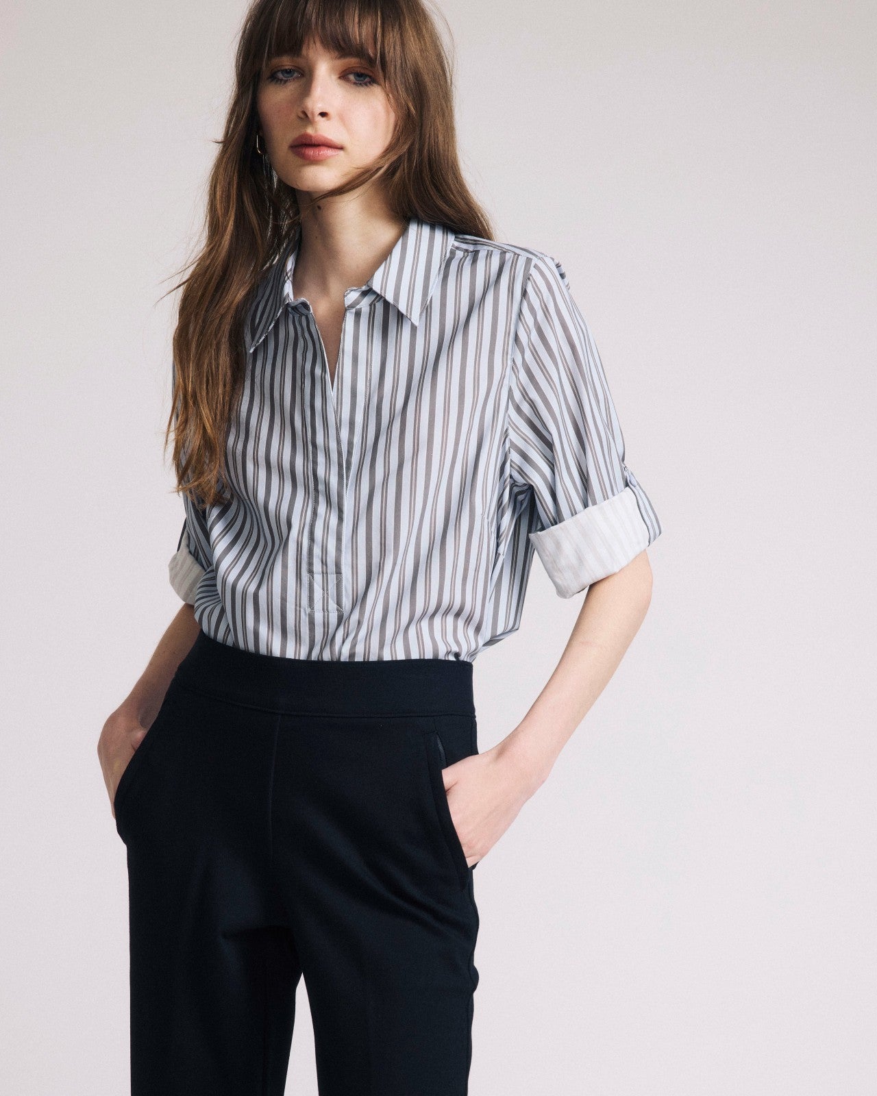 Universal Standard Button Back Poplin Polo Shirt - Smokey Blue Stripe