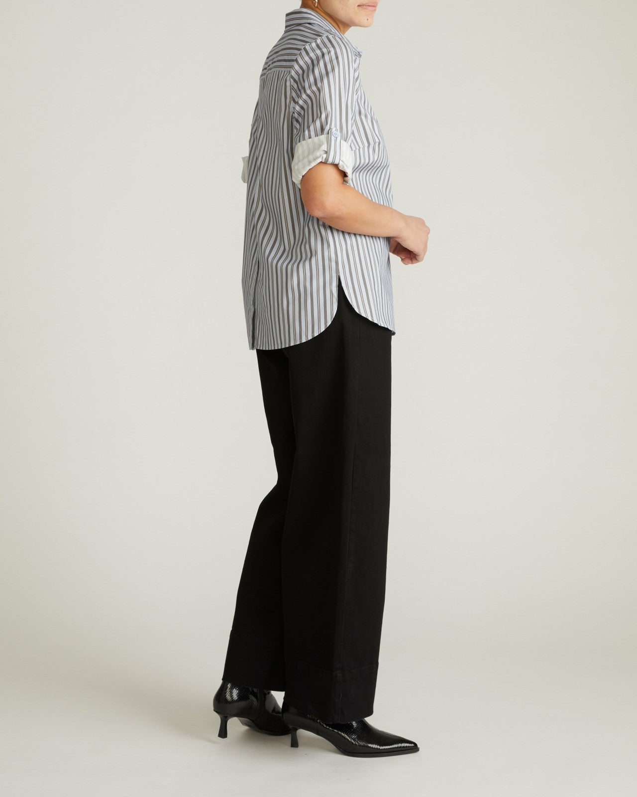 Universal Standard Button Back Poplin Polo Shirt - Smokey Blue Stripe