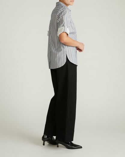 Universal Standard Button Back Poplin Polo Shirt - Smokey Blue Stripe