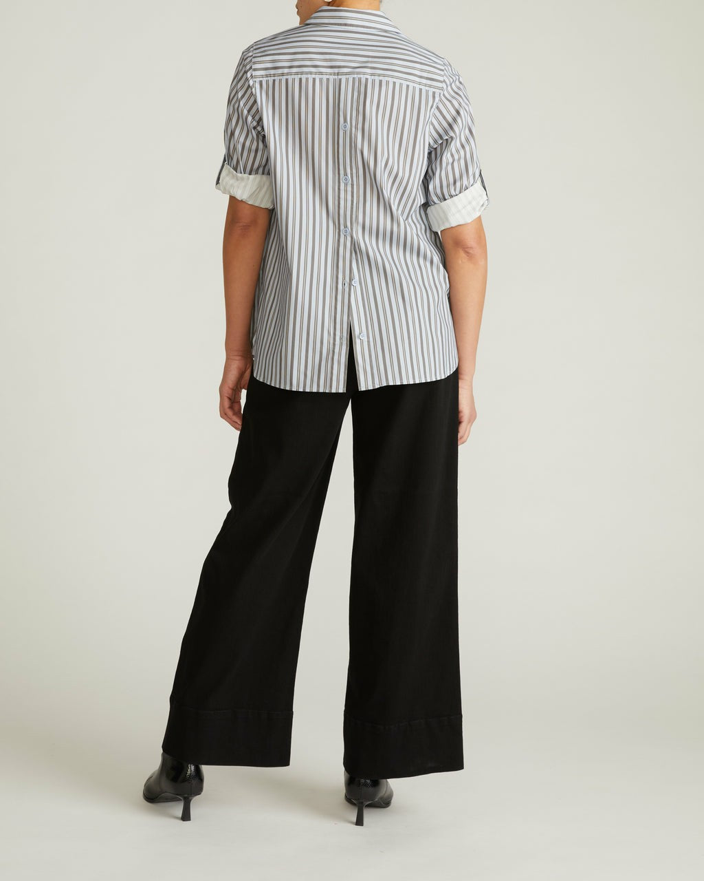 Universal Standard Button Back Poplin Polo Shirt - Smokey Blue Stripe