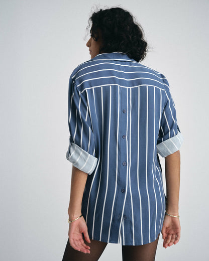 Universal Standard Button Back Stretch Cupro Polo Shirt - Ensign Blue/White Stripe