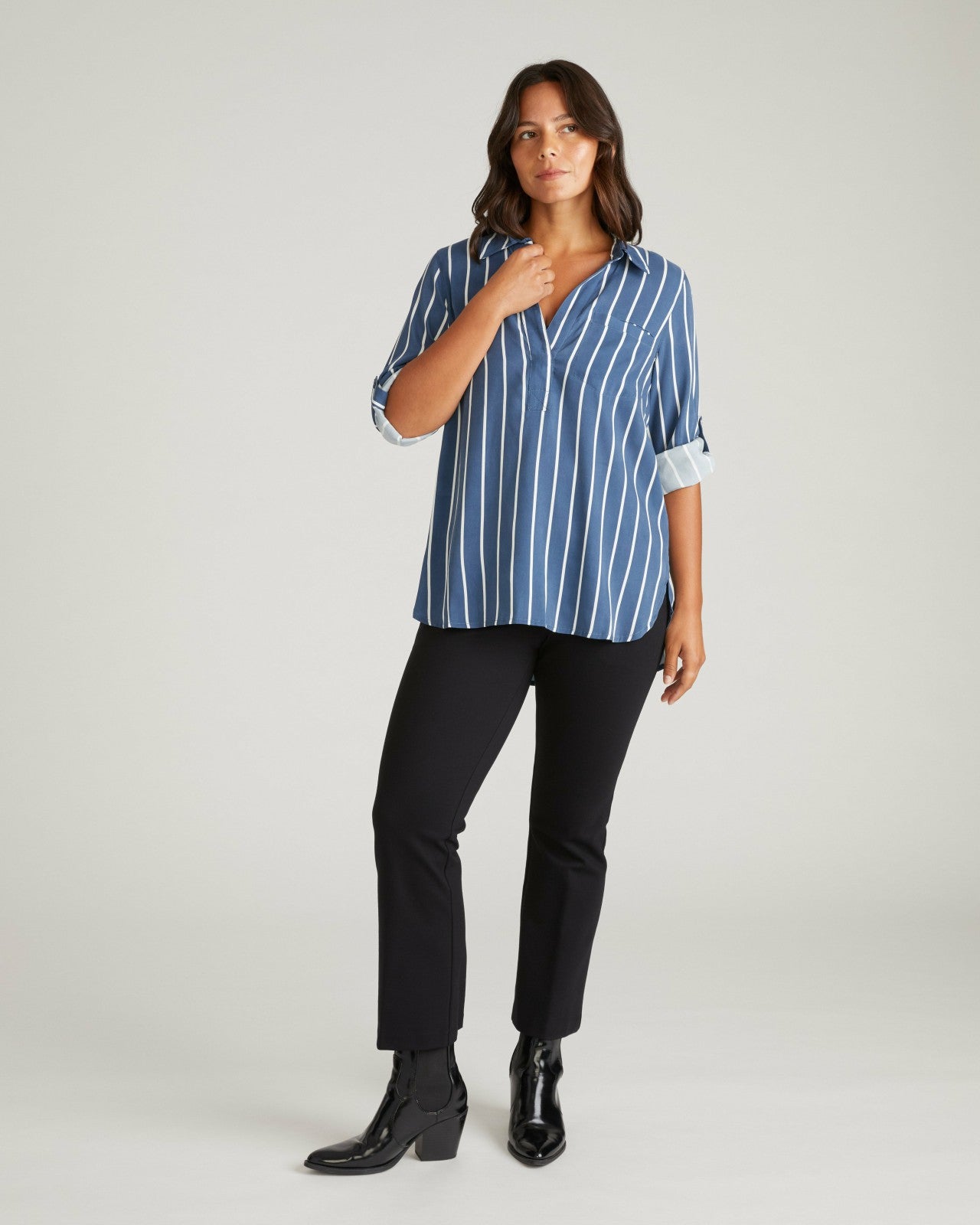 Universal Standard Button Back Stretch Cupro Polo Shirt - Ensign Blue/White Stripe
