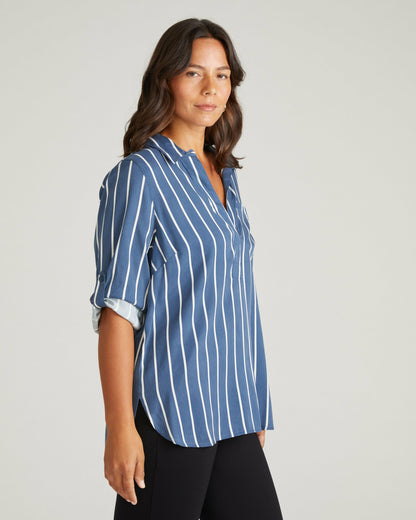 Universal Standard Button Back Stretch Cupro Polo Shirt - Ensign Blue/White Stripe