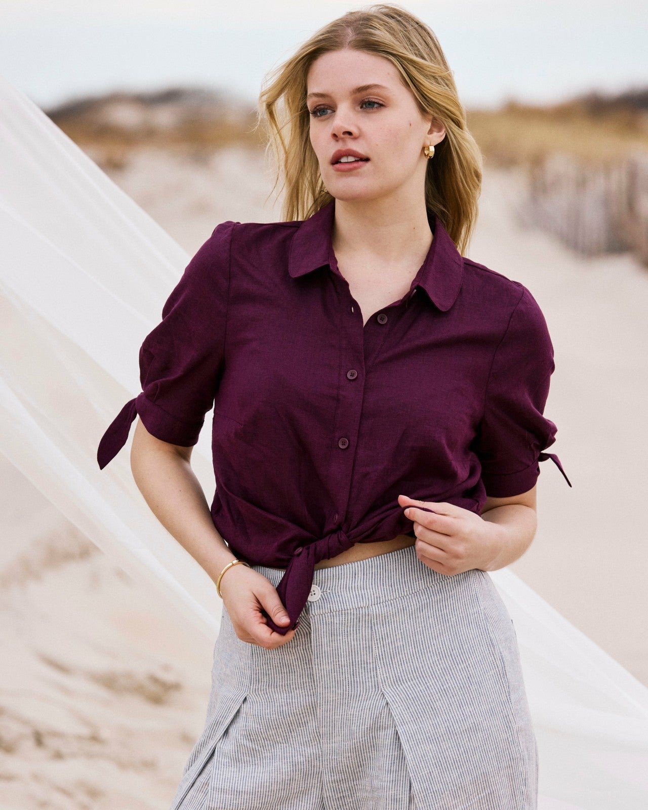 Universal Standard Luisa Short Sleeve Linen Blend Shirt - Acai