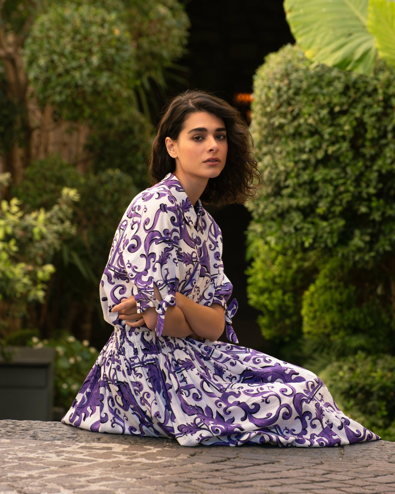 Universal Standard Luisa Short Sleeve Linen Blend Shirt - Purple Majolica Print
