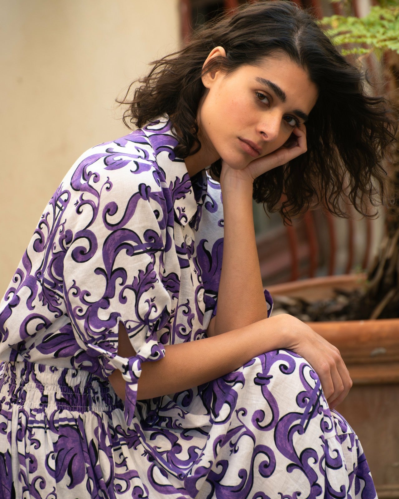 Universal Standard Luisa Short Sleeve Linen Blend Shirt - Purple Majolica Print