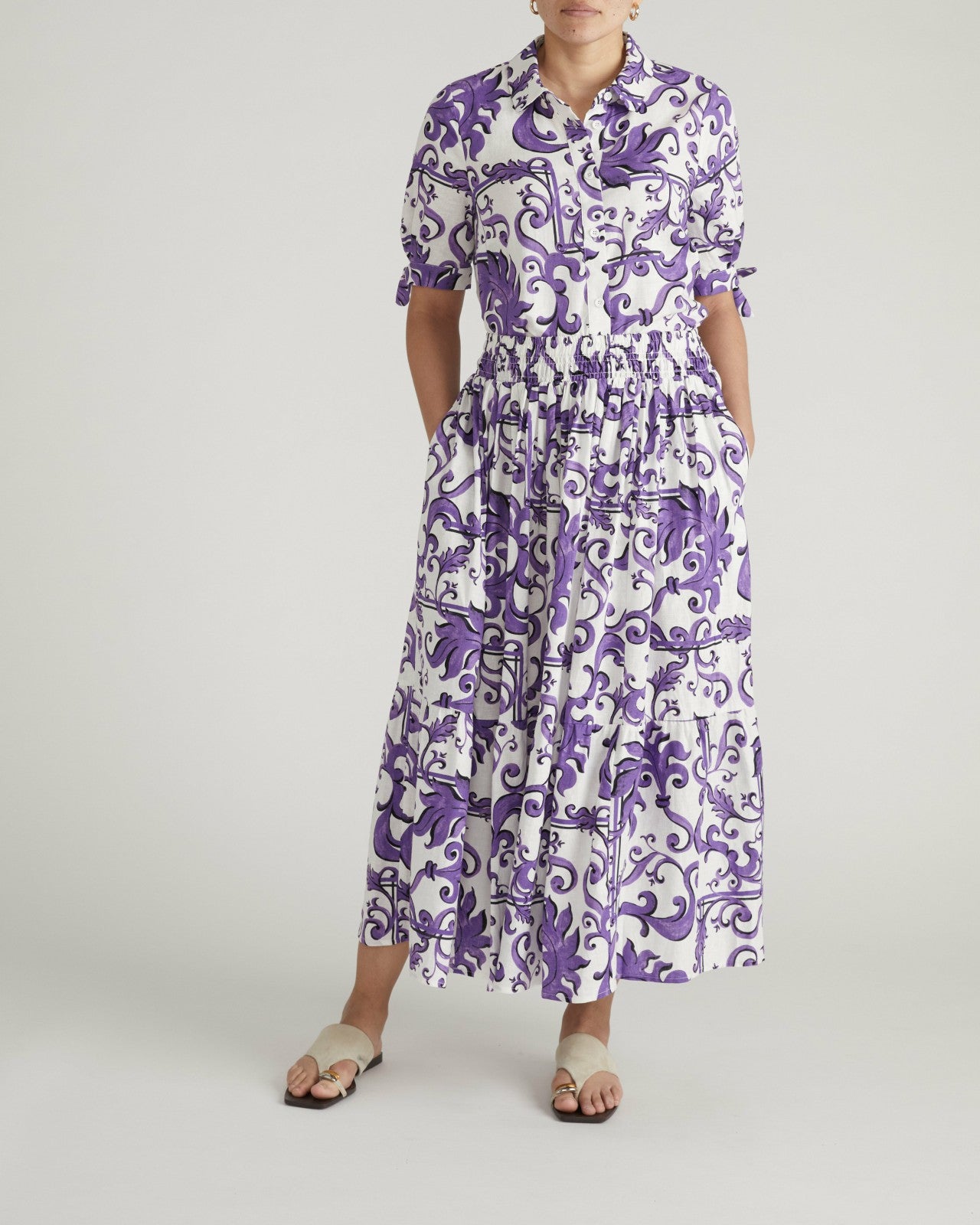Universal Standard Luisa Short Sleeve Linen Blend Shirt - Purple Majolica Print