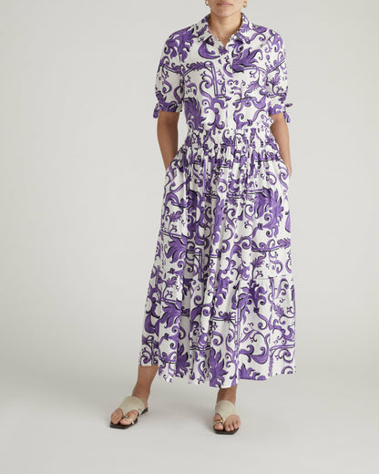Universal Standard Luisa Short Sleeve Linen Blend Shirt - Purple Majolica Print