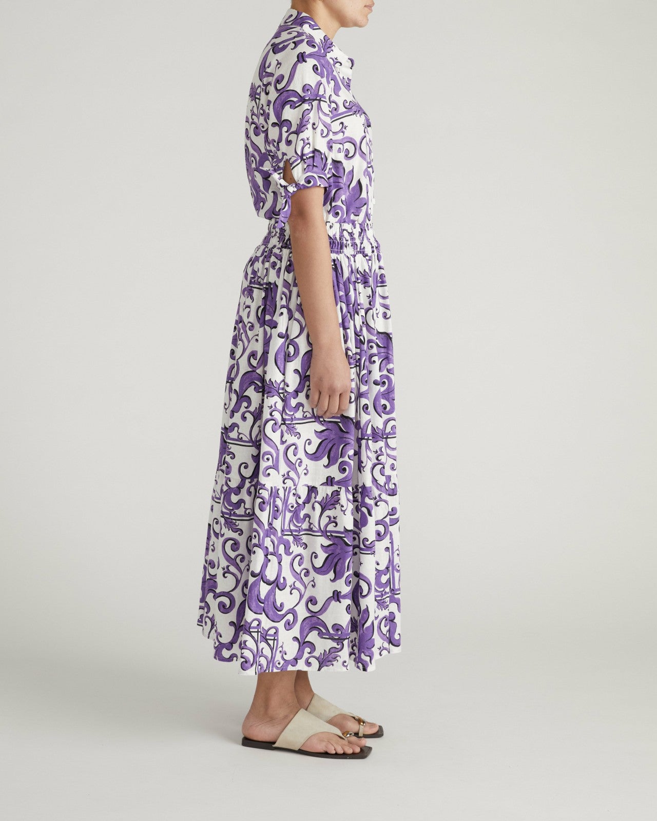 Universal Standard Luisa Short Sleeve Linen Blend Shirt - Purple Majolica Print