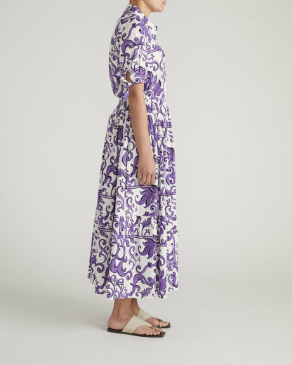 Universal Standard Luisa Short Sleeve Linen Blend Shirt - Purple Majolica Print