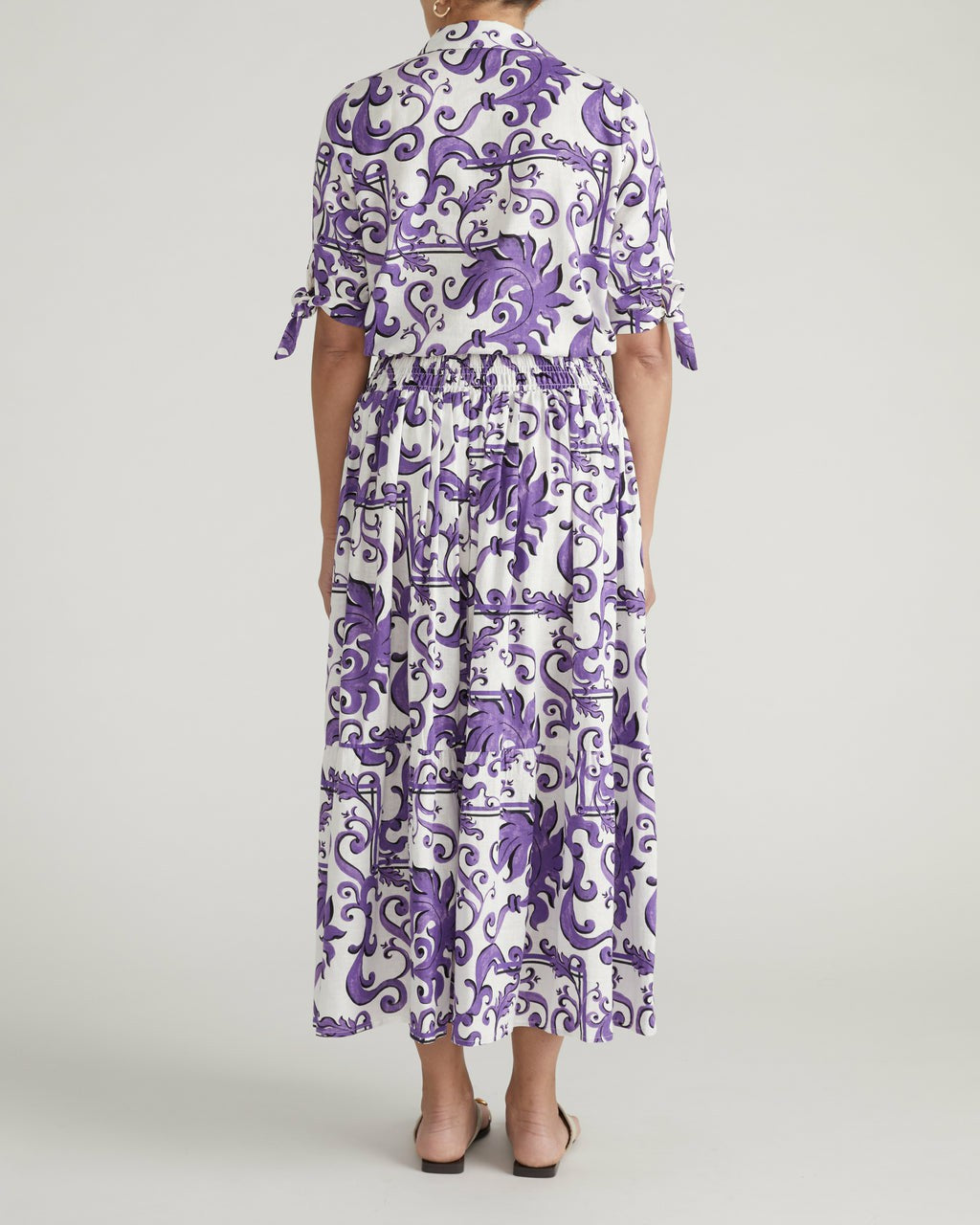 Universal Standard Luisa Short Sleeve Linen Blend Shirt - Purple Majolica Print